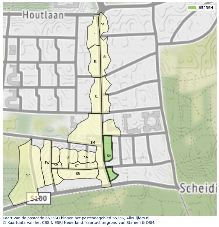 Afbeelding van het postcodegebied 6525 SH op de kaart.