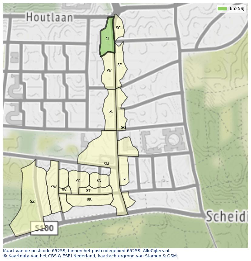 Afbeelding van het postcodegebied 6525 SJ op de kaart.