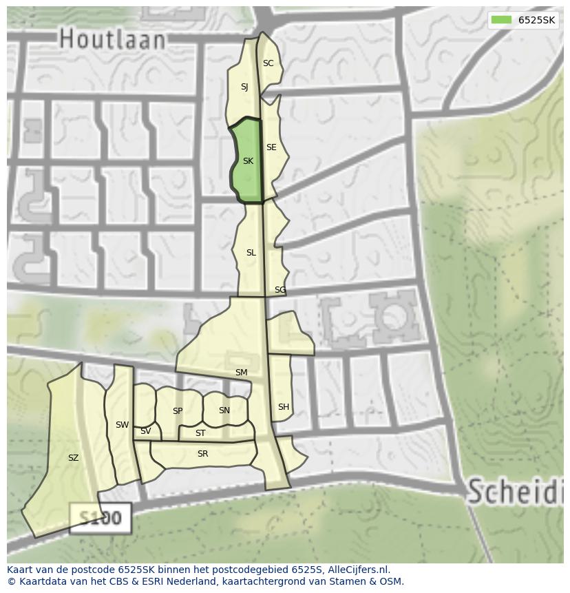 Afbeelding van het postcodegebied 6525 SK op de kaart.