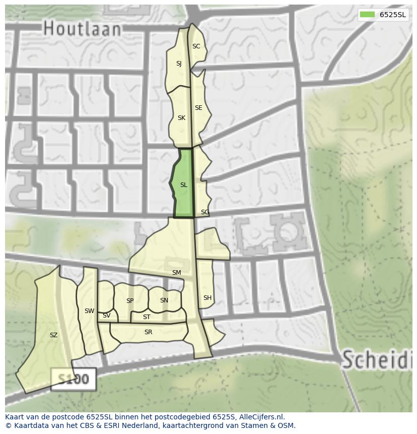 Afbeelding van het postcodegebied 6525 SL op de kaart.