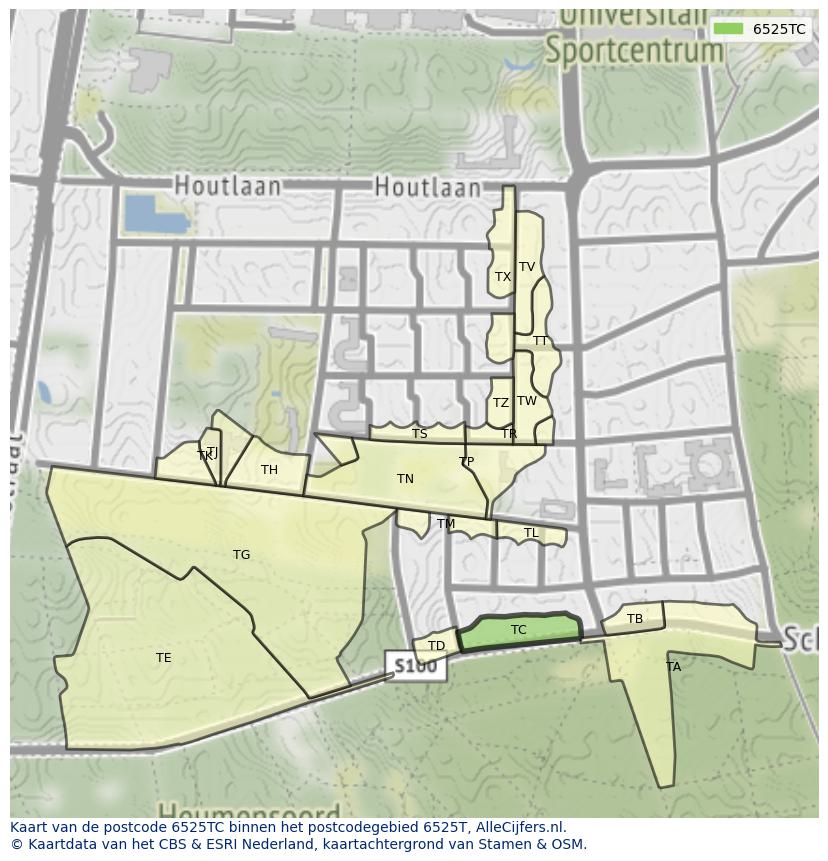 Afbeelding van het postcodegebied 6525 TC op de kaart.