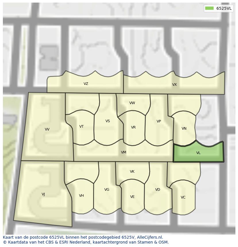 Afbeelding van het postcodegebied 6525 VL op de kaart.