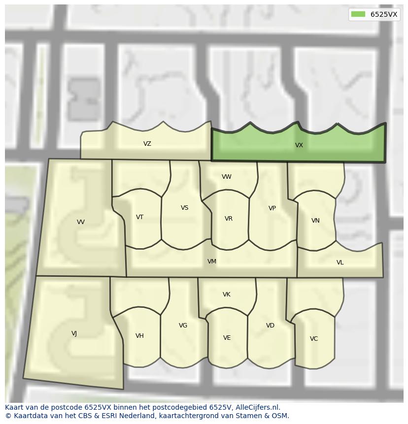 Afbeelding van het postcodegebied 6525 VX op de kaart.