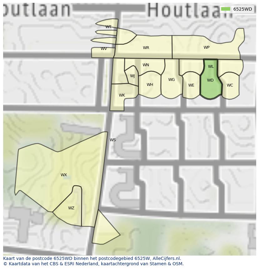 Afbeelding van het postcodegebied 6525 WD op de kaart.