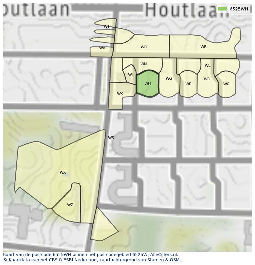 Afbeelding van het postcodegebied 6525 WH op de kaart.