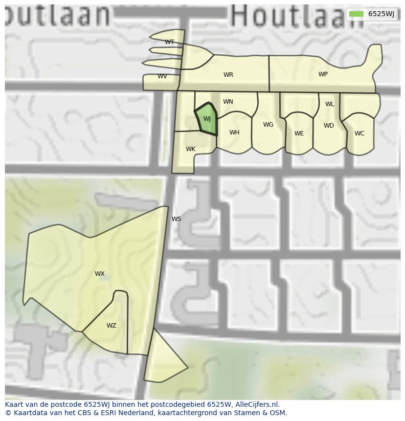 Afbeelding van het postcodegebied 6525 WJ op de kaart.