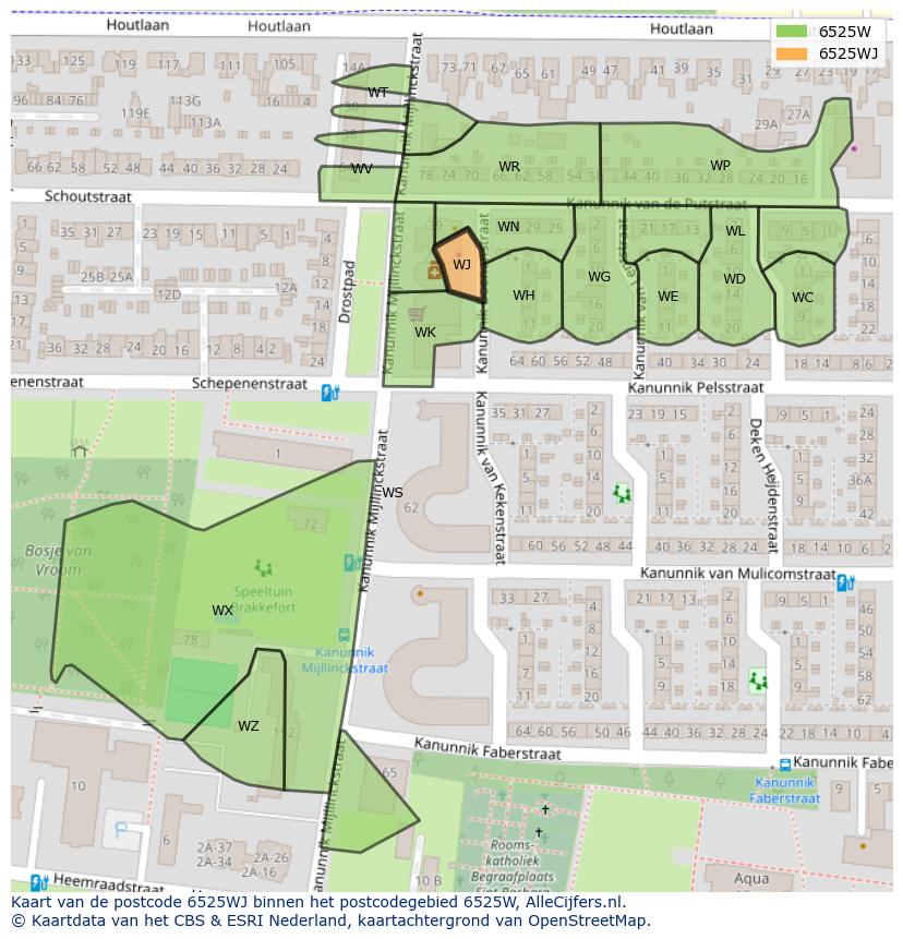 Afbeelding van het postcodegebied 6525 WJ op de kaart.