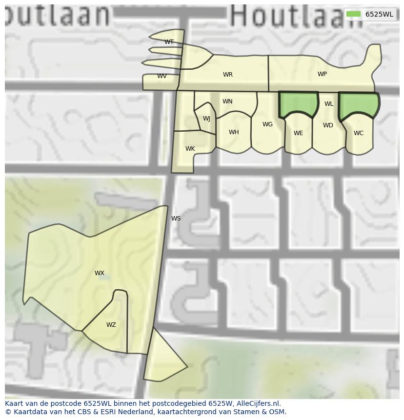 Afbeelding van het postcodegebied 6525 WL op de kaart.