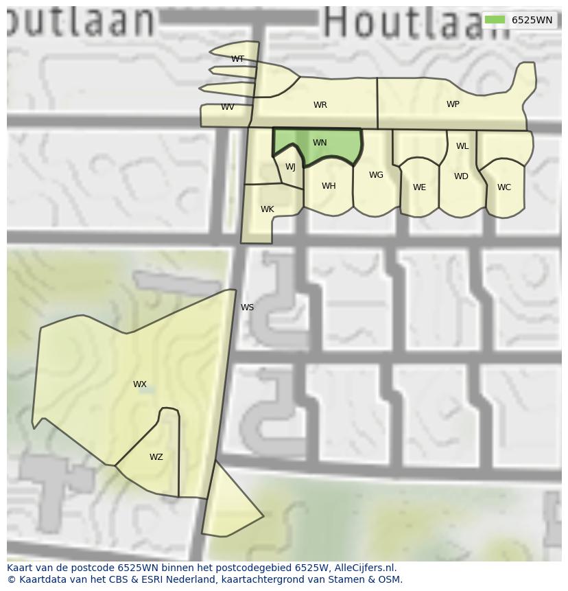 Afbeelding van het postcodegebied 6525 WN op de kaart.