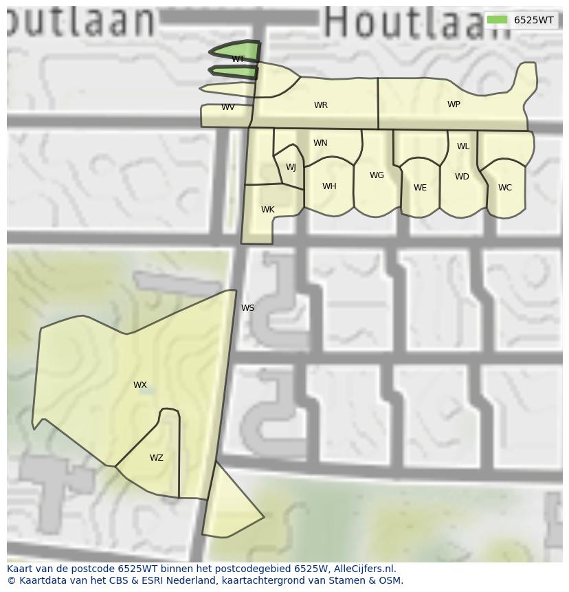 Afbeelding van het postcodegebied 6525 WT op de kaart.