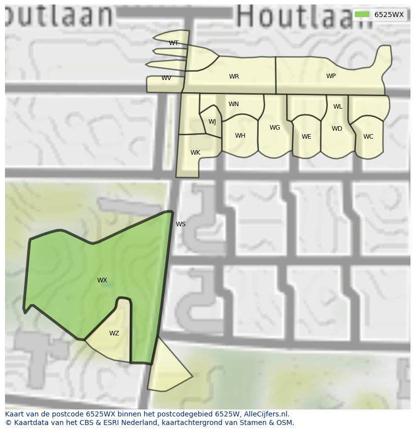 Afbeelding van het postcodegebied 6525 WX op de kaart.