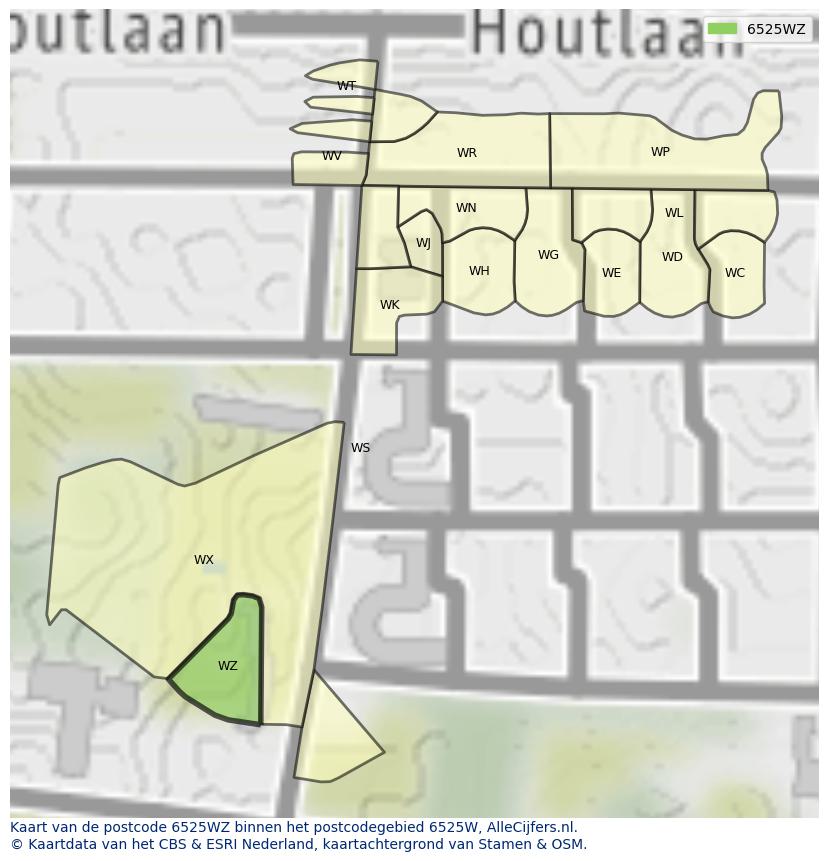 Afbeelding van het postcodegebied 6525 WZ op de kaart.