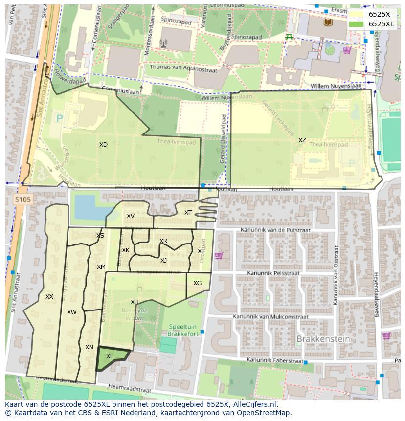 Afbeelding van het postcodegebied 6525 XL op de kaart.
