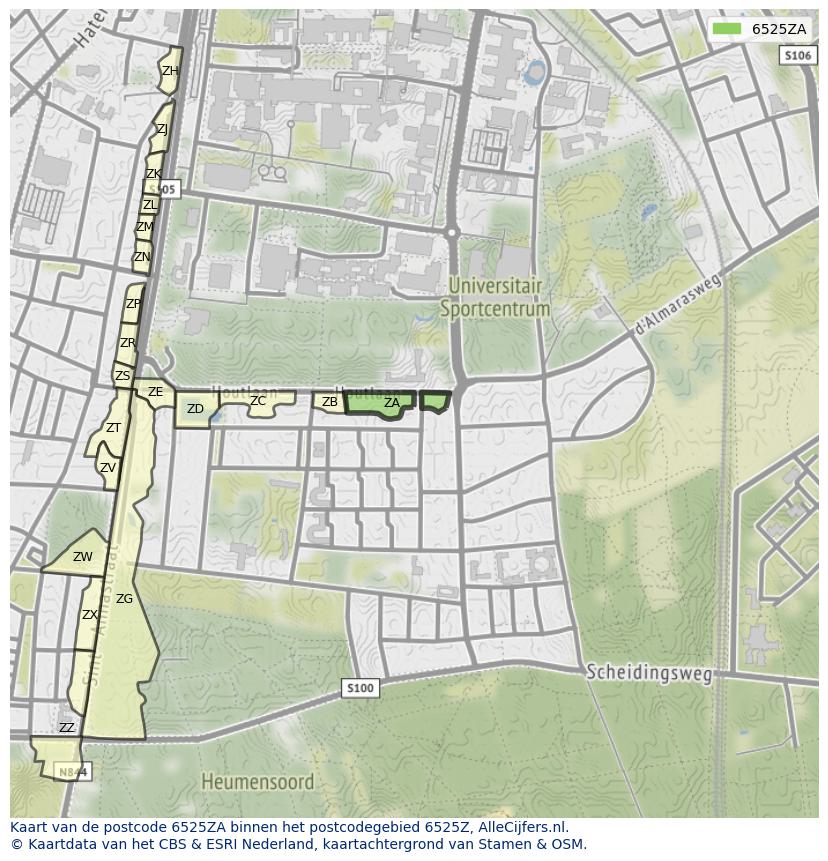 Afbeelding van het postcodegebied 6525 ZA op de kaart.