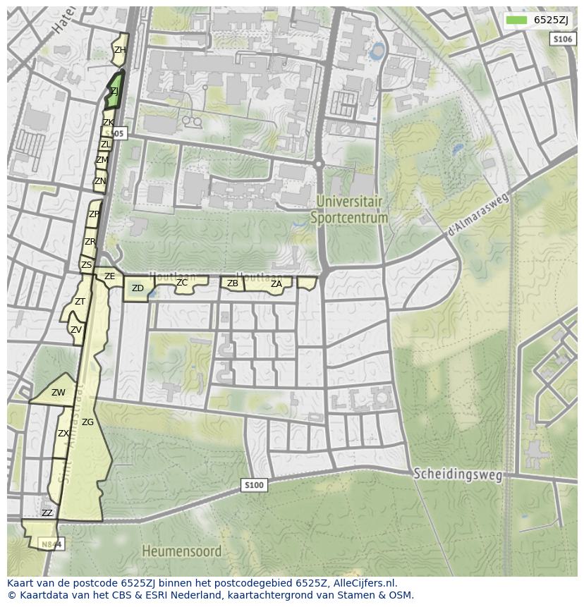 Afbeelding van het postcodegebied 6525 ZJ op de kaart.