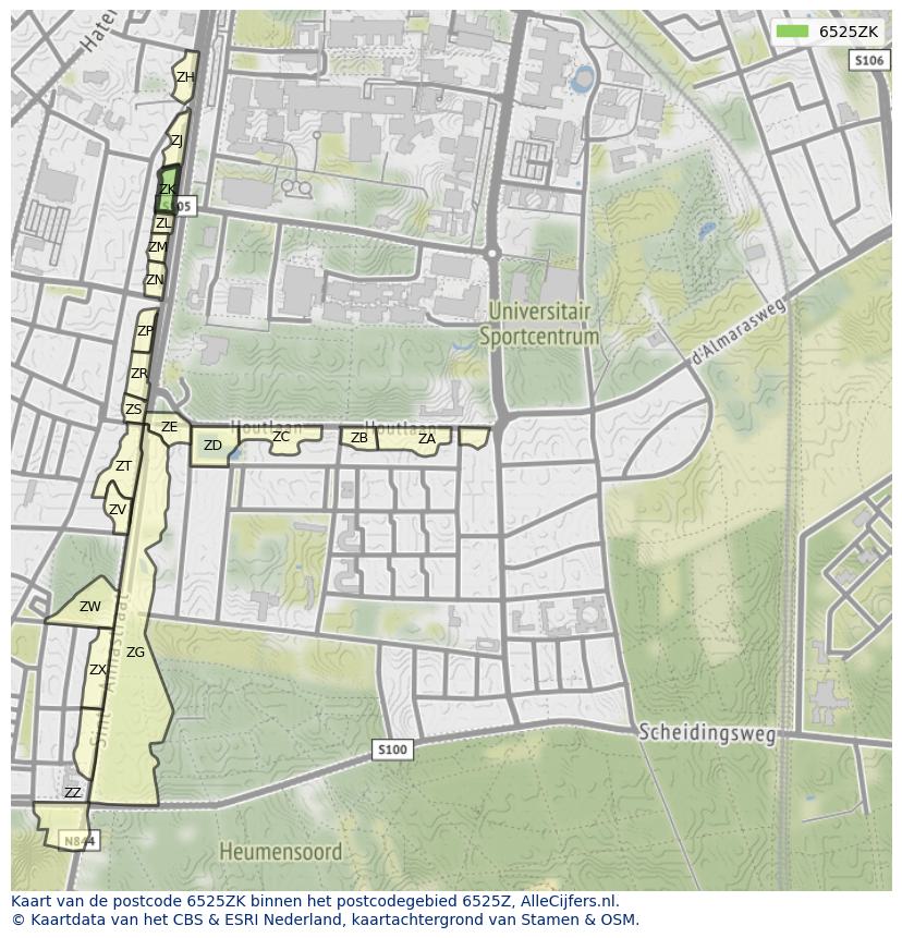 Afbeelding van het postcodegebied 6525 ZK op de kaart.
