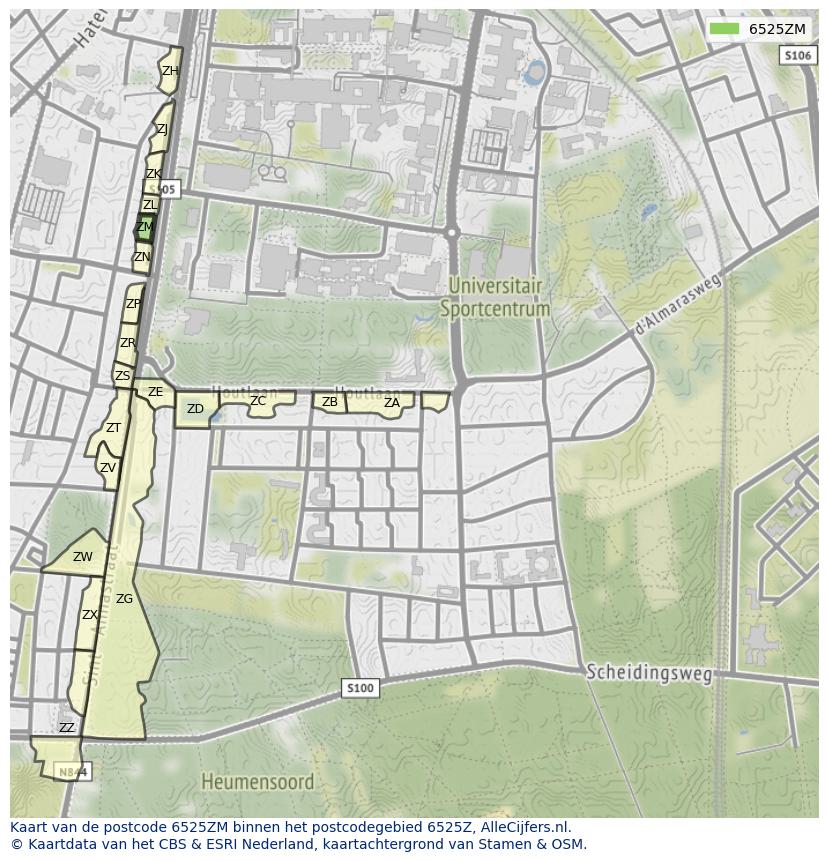 Afbeelding van het postcodegebied 6525 ZM op de kaart.