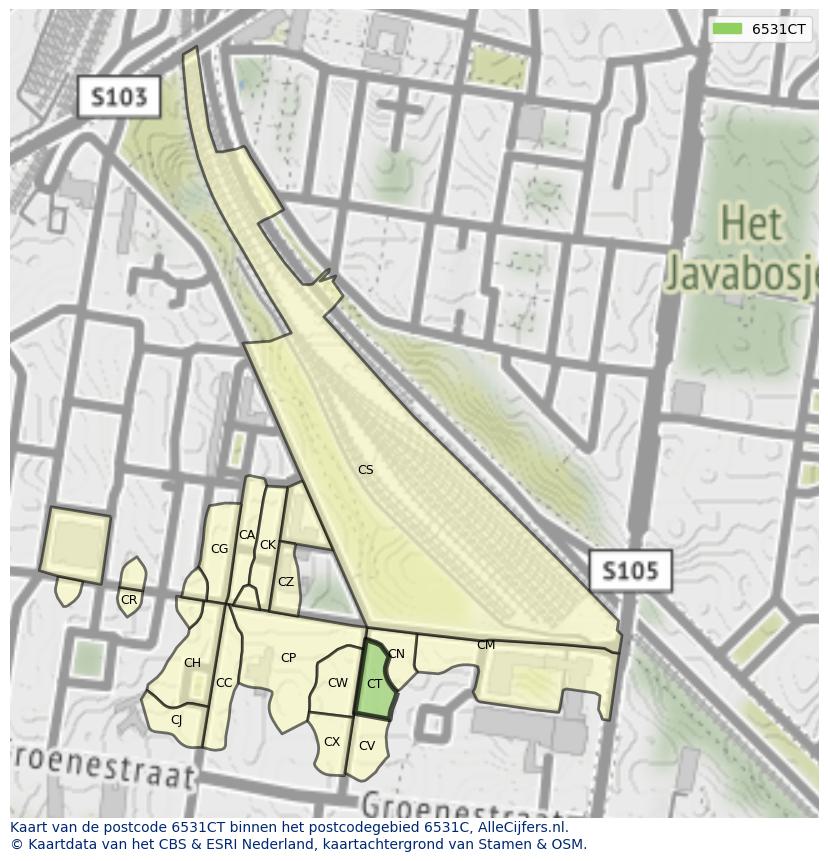 Afbeelding van het postcodegebied 6531 CT op de kaart.