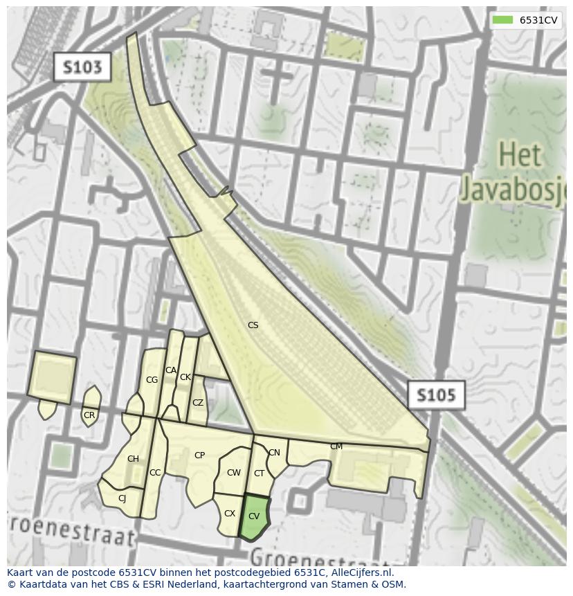 Afbeelding van het postcodegebied 6531 CV op de kaart.
