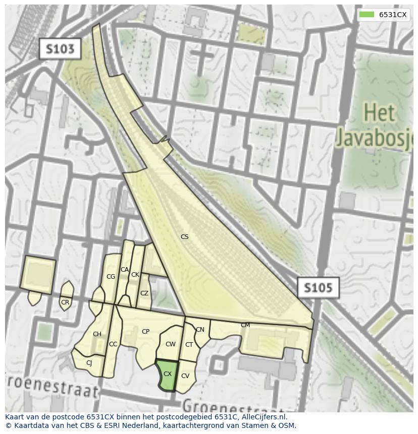 Afbeelding van het postcodegebied 6531 CX op de kaart.