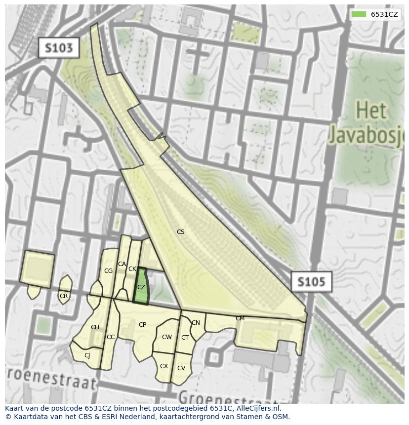 Afbeelding van het postcodegebied 6531 CZ op de kaart.