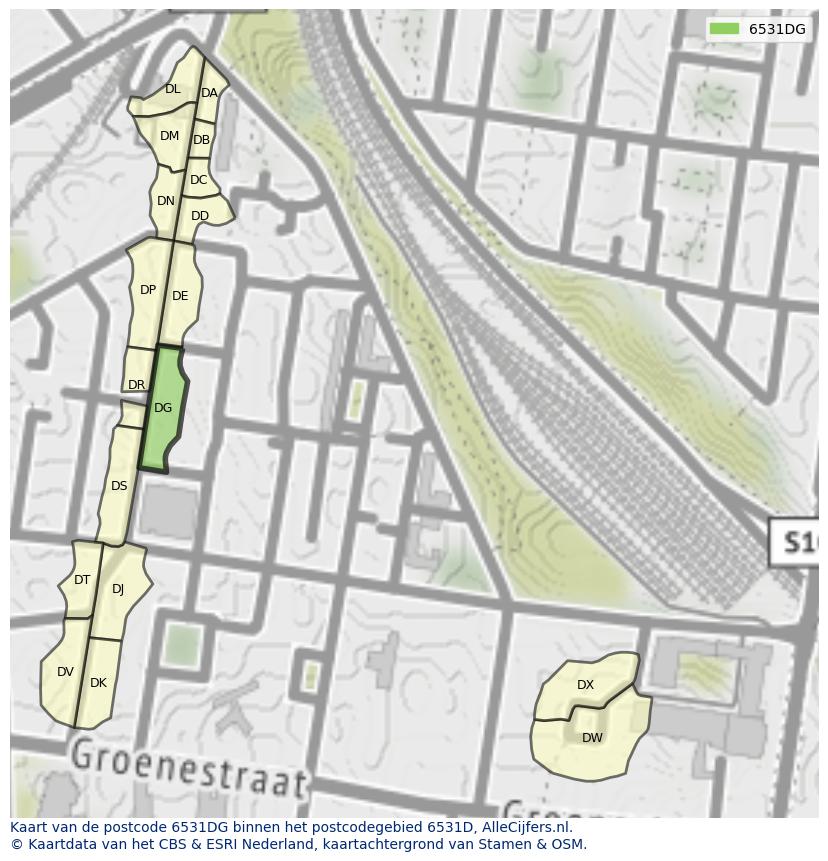 Afbeelding van het postcodegebied 6531 DG op de kaart.