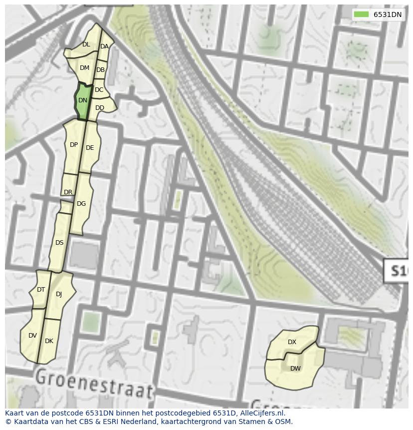 Afbeelding van het postcodegebied 6531 DN op de kaart.