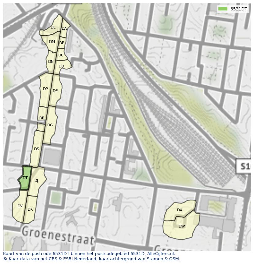 Afbeelding van het postcodegebied 6531 DT op de kaart.