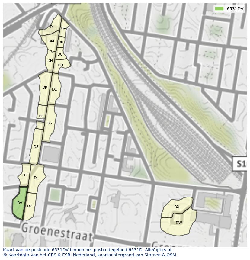 Afbeelding van het postcodegebied 6531 DV op de kaart.