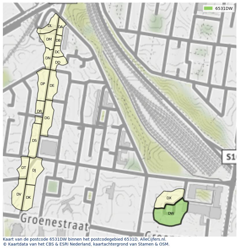 Afbeelding van het postcodegebied 6531 DW op de kaart.