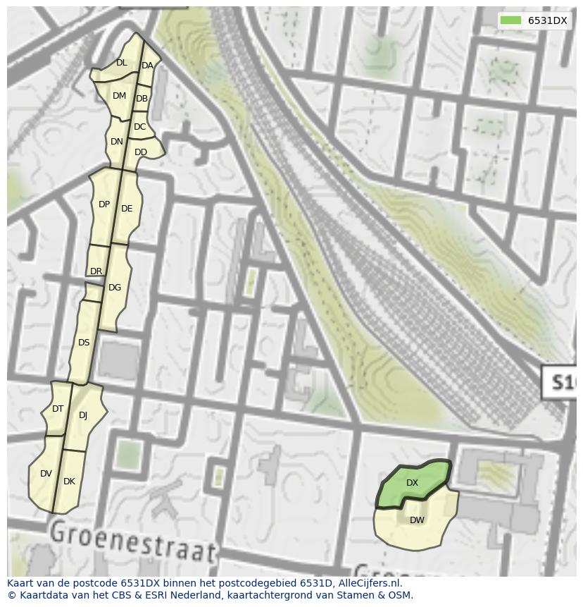 Afbeelding van het postcodegebied 6531 DX op de kaart.