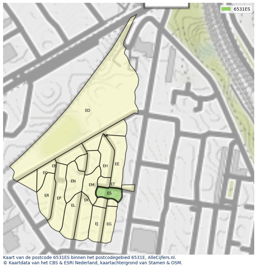 Afbeelding van het postcodegebied 6531 ES op de kaart.