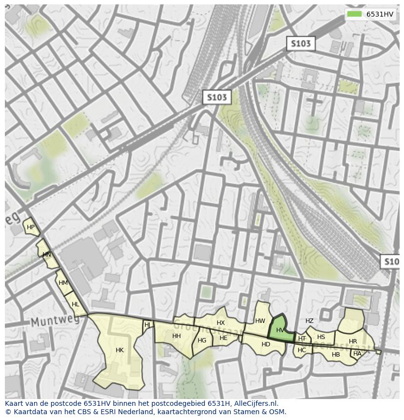 Afbeelding van het postcodegebied 6531 HV op de kaart.