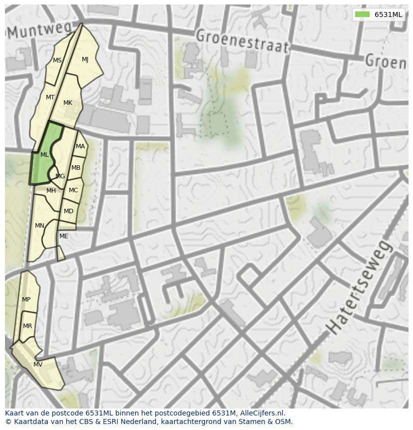 Afbeelding van het postcodegebied 6531 ML op de kaart.