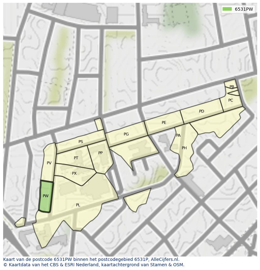 Afbeelding van het postcodegebied 6531 PW op de kaart.