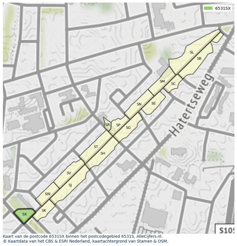 Afbeelding van het postcodegebied 6531 SX op de kaart.