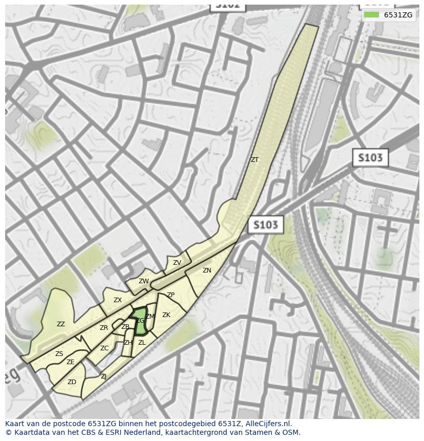 Afbeelding van het postcodegebied 6531 ZG op de kaart.