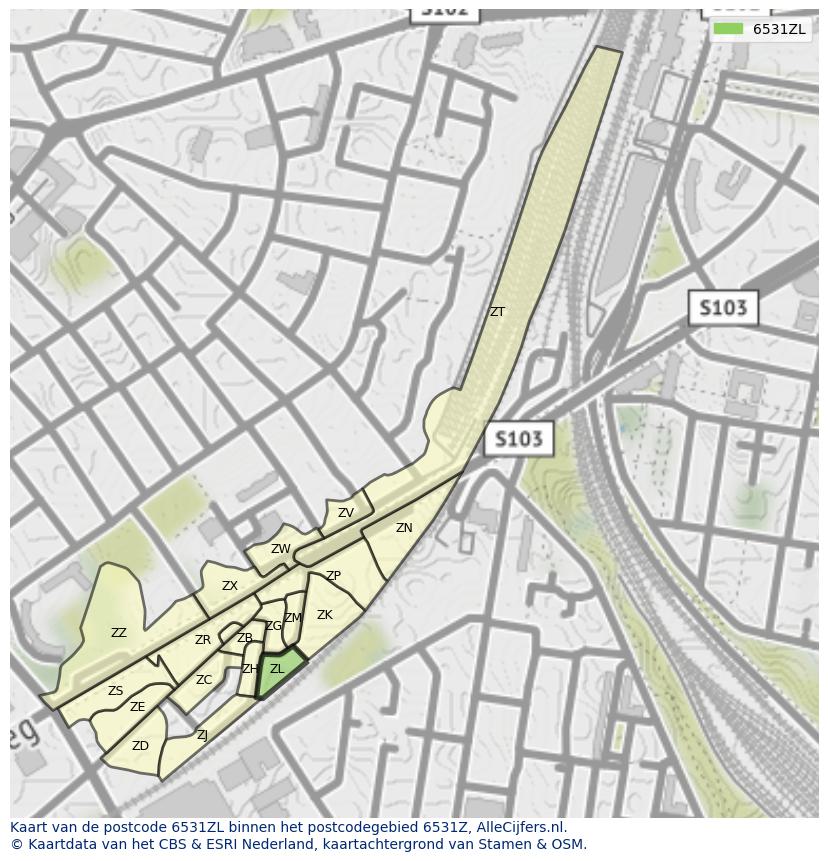 Afbeelding van het postcodegebied 6531 ZL op de kaart.