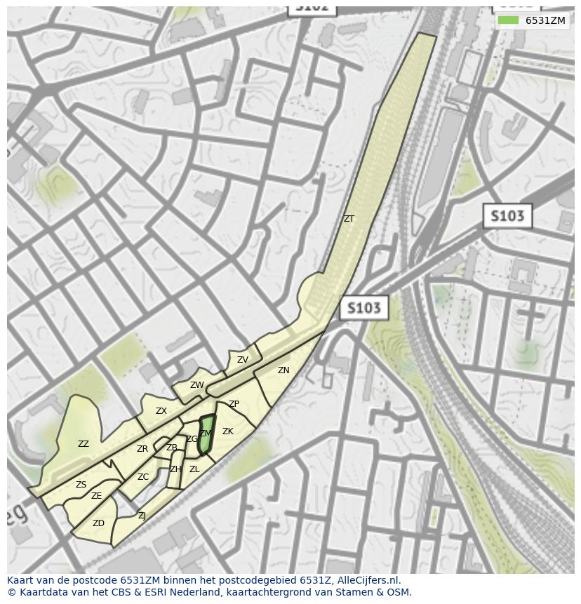 Afbeelding van het postcodegebied 6531 ZM op de kaart.