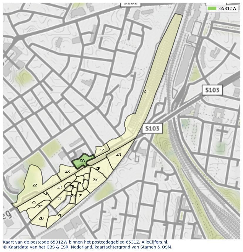Afbeelding van het postcodegebied 6531 ZW op de kaart.