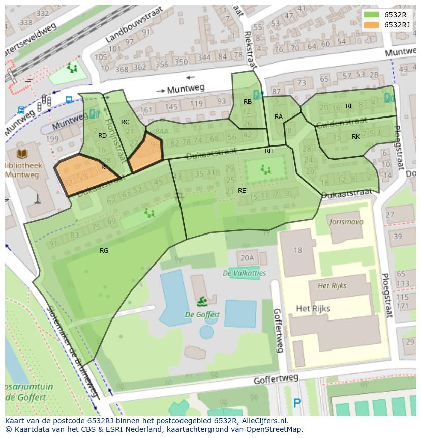 Afbeelding van het postcodegebied 6532 RJ op de kaart.