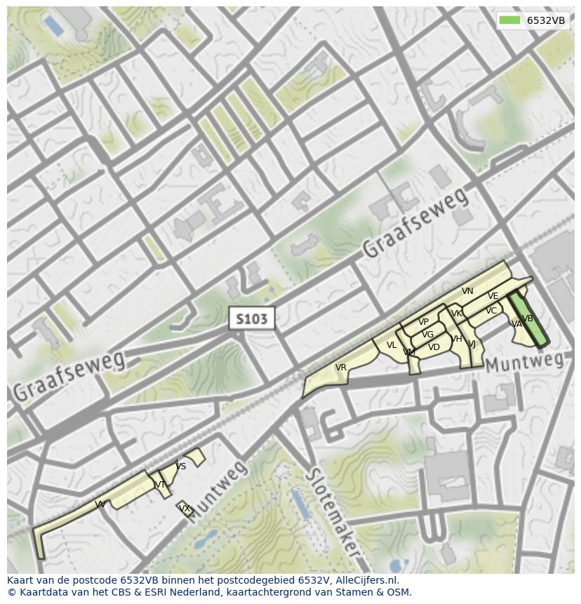 Afbeelding van het postcodegebied 6532 VB op de kaart.