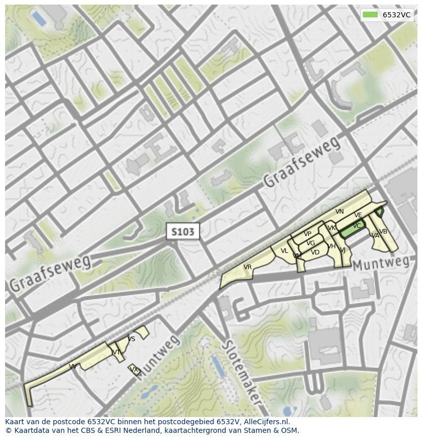 Afbeelding van het postcodegebied 6532 VC op de kaart.