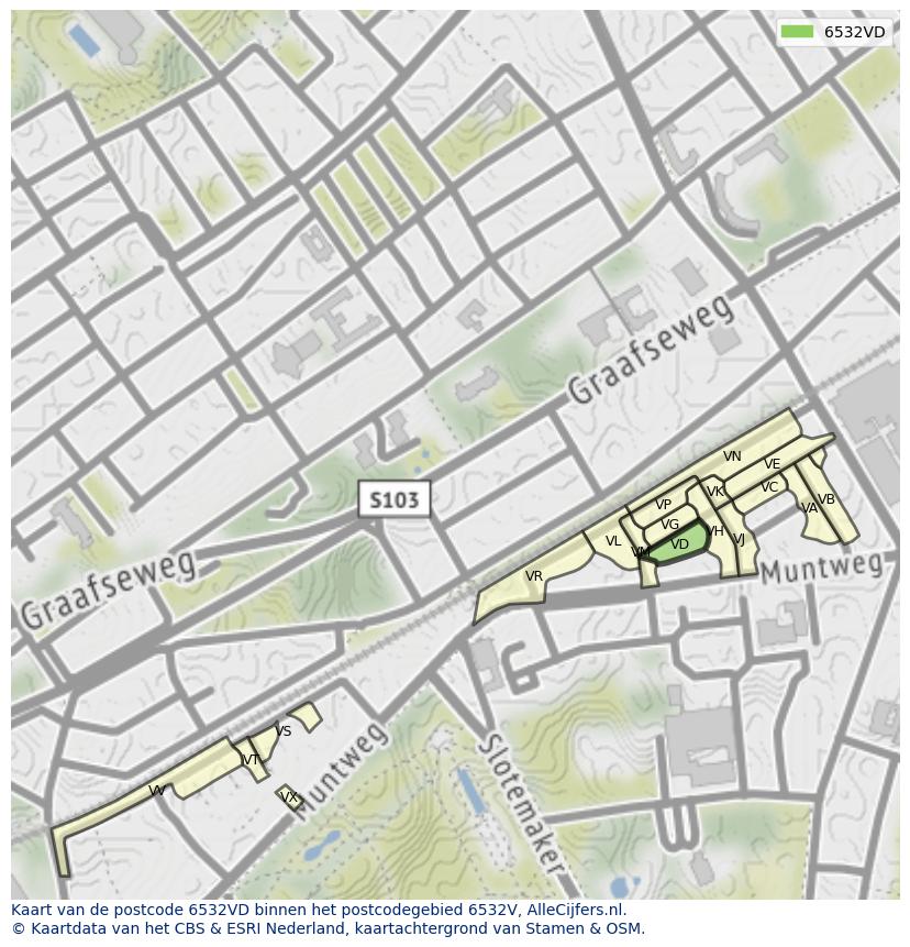 Afbeelding van het postcodegebied 6532 VD op de kaart.