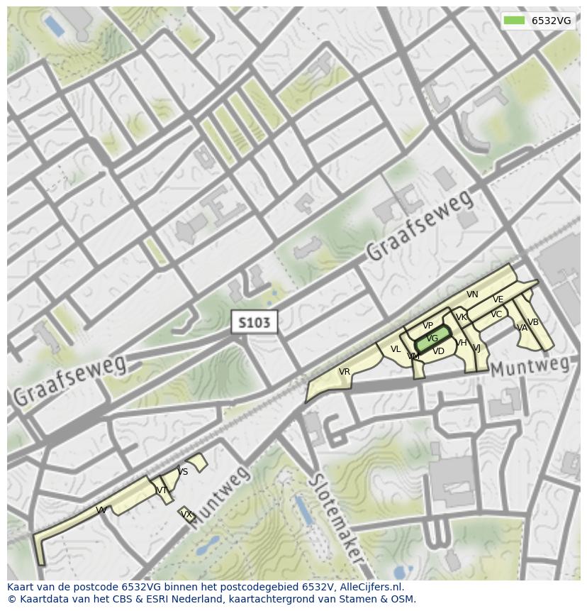 Afbeelding van het postcodegebied 6532 VG op de kaart.