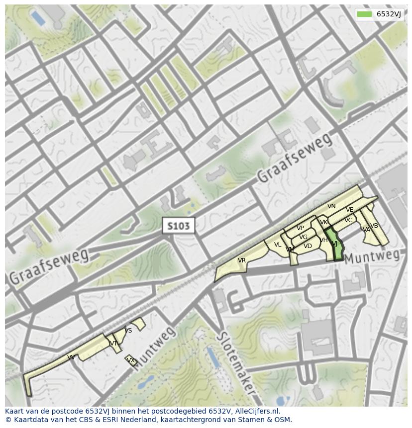 Afbeelding van het postcodegebied 6532 VJ op de kaart.