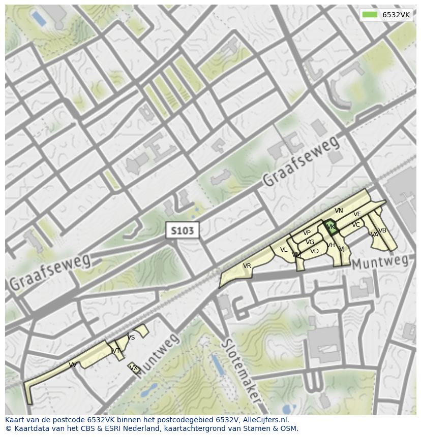 Afbeelding van het postcodegebied 6532 VK op de kaart.