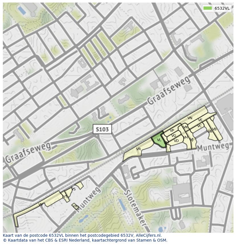 Afbeelding van het postcodegebied 6532 VL op de kaart.
