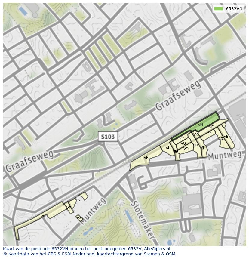 Afbeelding van het postcodegebied 6532 VN op de kaart.