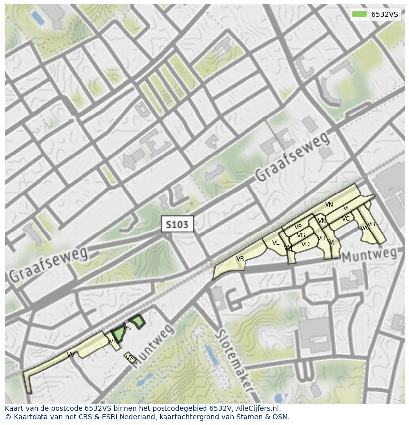 Afbeelding van het postcodegebied 6532 VS op de kaart.